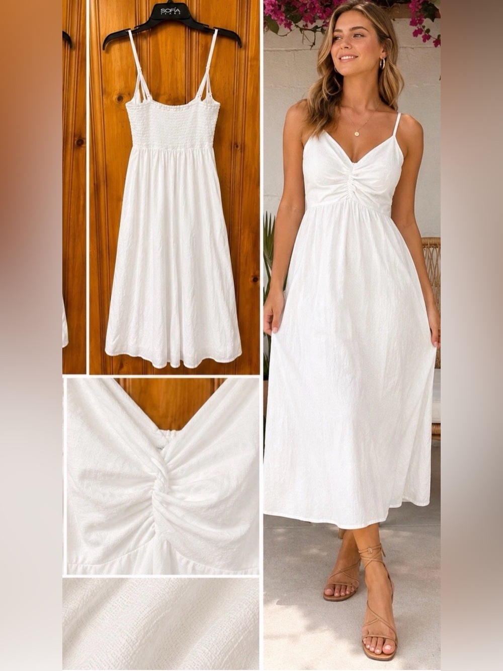aerie White Ruched Front Spaghetti Strap Midi Dress